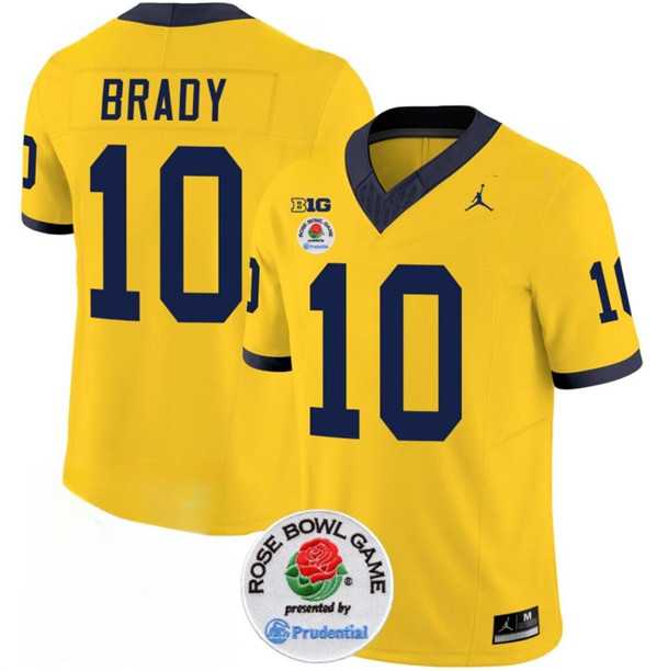 Mens Michigan Wolverines #10 Tom Brady 2023 F.U.S.E. Yellow Rose Bowl Patch Stitched Jersey Dzhi->->NCAA Jersey